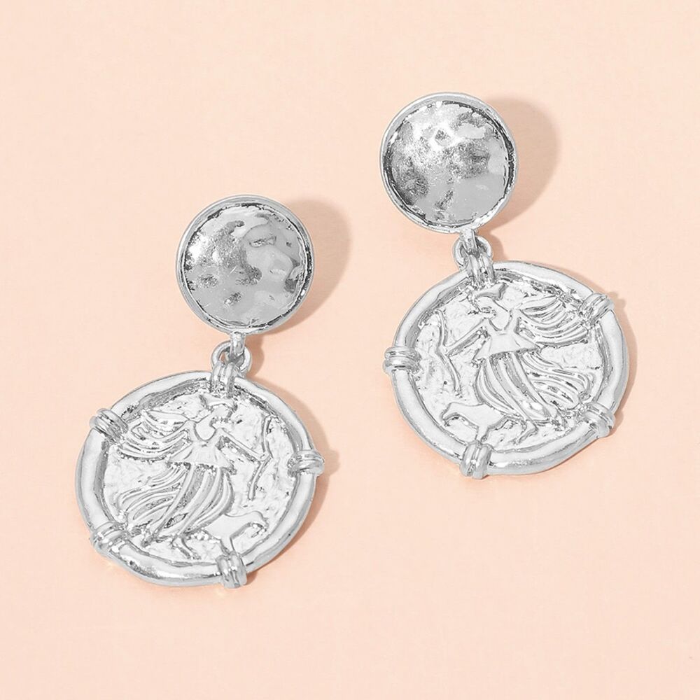 Silver Vintage Metal Coin Medallion Pendant Dangle Drop Earrings Round Charm
